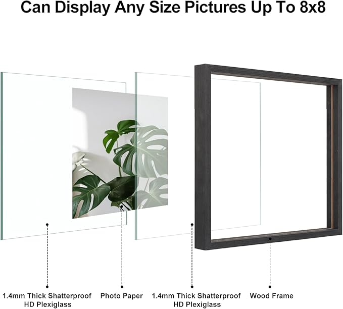 Egofine 8x8 Floating Frames Set of 2, Double Plexiglass Picture Frame, Made of Solid Wood Display Any Size Photo up to 8x8, Wall Mount or Tabletop Standing, Faded Black