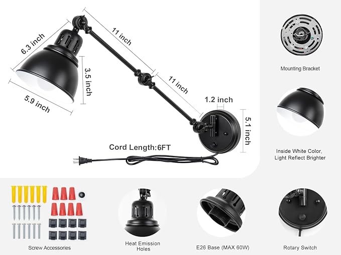 1 Pack Plug in Wall Sconce, Dimmable On Off Switch, Swing Arm Wall Lamp, Black Metal Industrial, Plug in Wall Light (Black, Without Bulb+Remote)