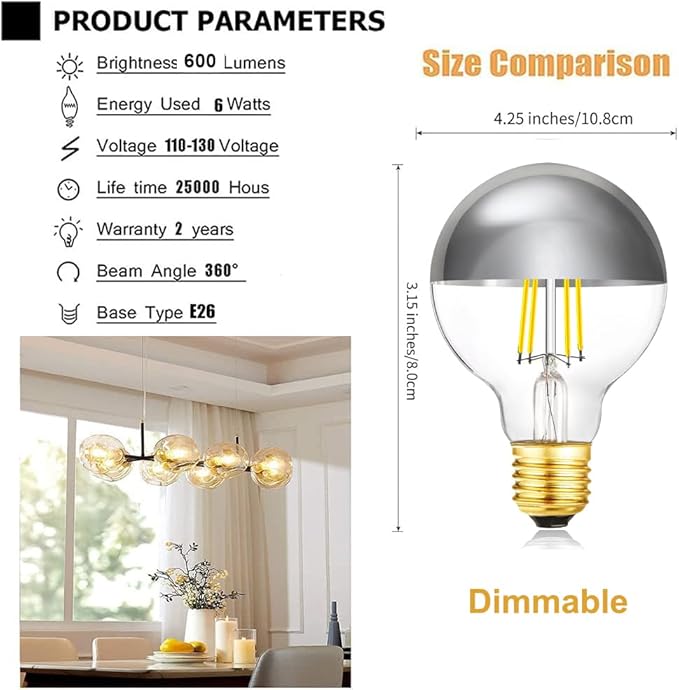 XININSUN Dimmable Half Chrome Light Bulb,6W (60W Eqv.), Anti Glare LED Light Bulbs,G25 Globe Light Bulbs,E26 G80 Silver Dipped Bulb for Bathroom, Vanity, Mirror,4000K Daylight,4Pcs