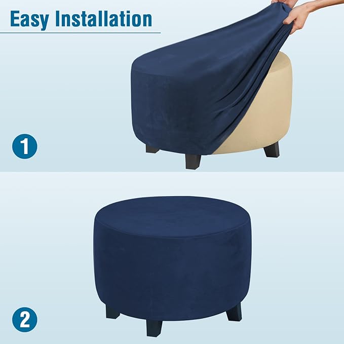 H.VERSAILTEX Round Ottoman Slipcover Ottoman Covers Slipcover Footstool Protector Covers Storage Stool Ottoman Covers Stretch with Elastic Bottom, Feature Real Velvet Plush Fabric (X-Large, Navy)