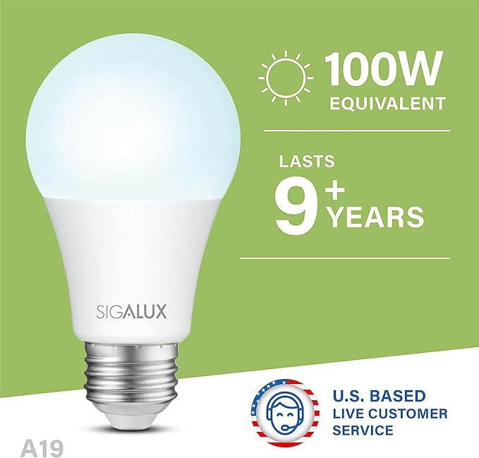 Sigalux A19 LED Light Bulbs 100 Watt Equivalent, Daylight 5000K Standard Light Bulbs,Non-Dimmable 13W Energy Efficient White Light Bulbs with E26 Medium Base,1500LM,UL Listed,12 Packs