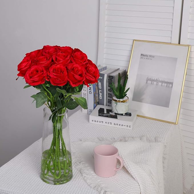 Nubry Artificial Silk Rose Flower Bouquet Lifelike Fake Rose for Wedding Home Party Decoration Event Gift 10pcs (Red)