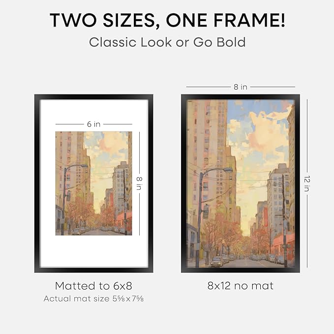 Homeforia 8x12 Picture Frame Black, High End Metal 8 x 12 Poster Frames with Mat 6 by 8 for Photo, 12x8 Frame Matted to 6x8 inch Print, 8by12 Wall or Tabletop Frame, Tempered Glass, Wall Kit, Set of 4