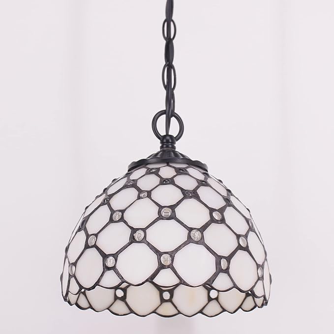 Small Tiffany Pendant Light Stained Glass Plug in Hanging Lamp 8 Inch Adjustable Height Hanging Chandelier Pendant Fixture for Home Kitchen Island Dining Room (Cream Pearl Bead Style)