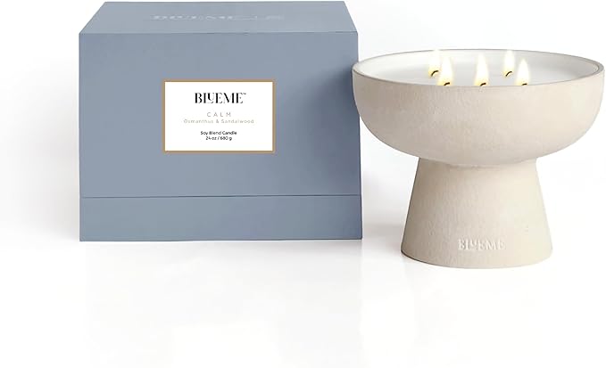 Blueme Calm Candle | Osmanthus & Sandalwood | 5 Wick - Refillable Wellness Candle with Essential Oils, Hand Finished & Poured Soy Wax Blend Ceramic Vessel, Natural Cotton Wicks | Large 24 oz