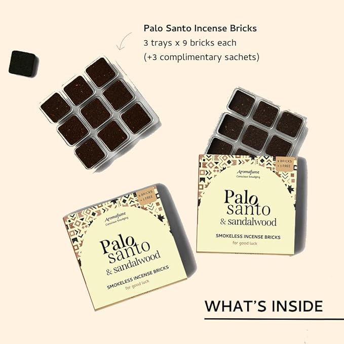 Palo Santo & Sandalwood Smokeless Incense Bricks Refill | 3 x 9 Bricks | Aromatherapy | Smudging | Made with Essential Oils | Natural Air fresheners for Home | Spiritual Meditation Accessories