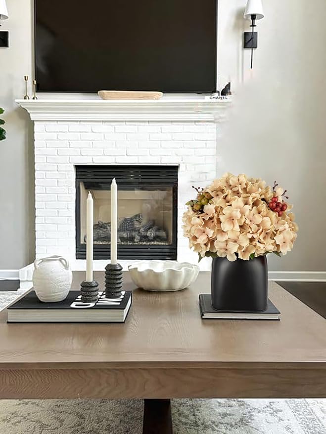 Briful Hydrangea Artificial Flowers in Black Square Ceramic Pot, Beige Silk Hydrangea Flowers Realistic Potted Fake Flowers with Berries for Home Decor Indoor Wedding Table Centerpieces