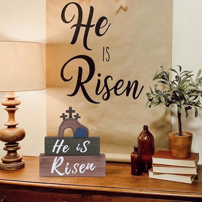 Easter Decorations, MEETYAMOR 3-Layered He is Risen Sign Cross Gifts Wood Block Easter Decor, Empty Tomb Scene Decorations Indoor for Home, Living Room, Tables, Mantel