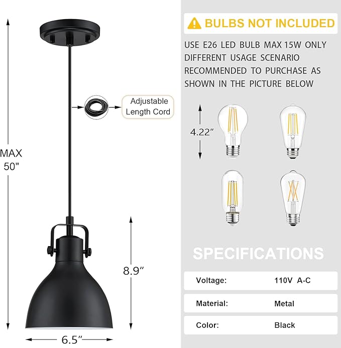 1 Light Hanging 6.5" Metal Drum 2 Pack Kitchen Island Pendant Ceiling Light Industrial Fixture,Black Finish for Over Sink Bar Dining Room Corridor Entryway Hallway
