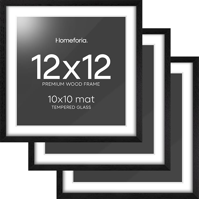 Homeforia 12x12 Black Wood Frame Matted to 10x10 Print, High End Oak 12 x 12 Square Picture Frame with Mat 10 x 10 for Photo, 12by12 Black Wooden Thin Poster Frames, Tempered Glass, Wall Kit, Set of 3
