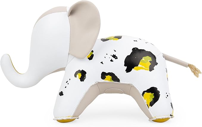 Bookend Elephant Abby Fresh Awaken, Leather Bookends for Shelves, Handmade Animal Home Decor, Zuny Series, White+Yellow Leopard+Ochre Yellow