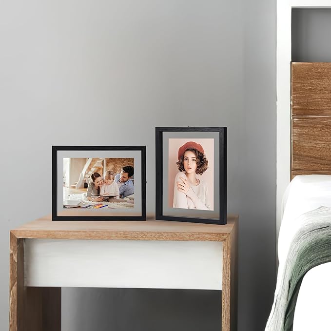 Trwcrt 5x7 Floating Picture Frames Set of 4, Double Glass Photo Frame Display up to 7 x 9 Photos for Desktop or Wall Hanging, Black