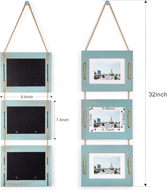 DLQuarts 5x7 Hanging Picture Frames Collage Wall Decor, Photo Frames 5x7 Without Mat & 3.5x5 with Mat, Rustic Wood 3-Frame, Ocean Blue, 2-Pack