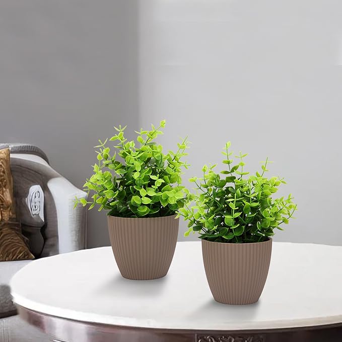 VENTO 2 Pack Eucalyptus Fake Medium Plants, Realistic Artificial Greenery for Home, Office, Bathroom, Coffee Table Decor, UV Resistant, Lifelike Leaves, Low Maintenance, 10x20x10 cm Brown Pot
