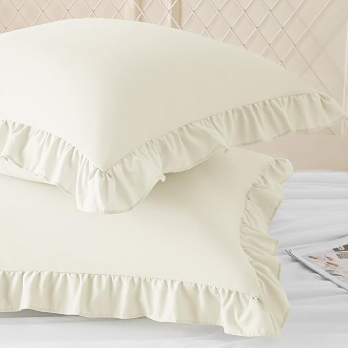 KKJIAF Ruffle Pillow Cases 24x24 Inches, Beige Square Ruffled Pillow Covers Set of 2, Microfiber Wrinkle Resistant Pillow Shams with Envelope Closure for Sofa Bed Living Room