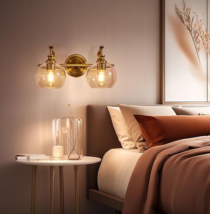 ANDY STAR Gold Bathroom Light Fixtures, 2-Light Brass Vanity Light, Modern Sconces with Globe Clear Lampshade, Farmhouse Bathroom Lighting Fixtures Over Mirror with Metal Lamp Body, E26 Base