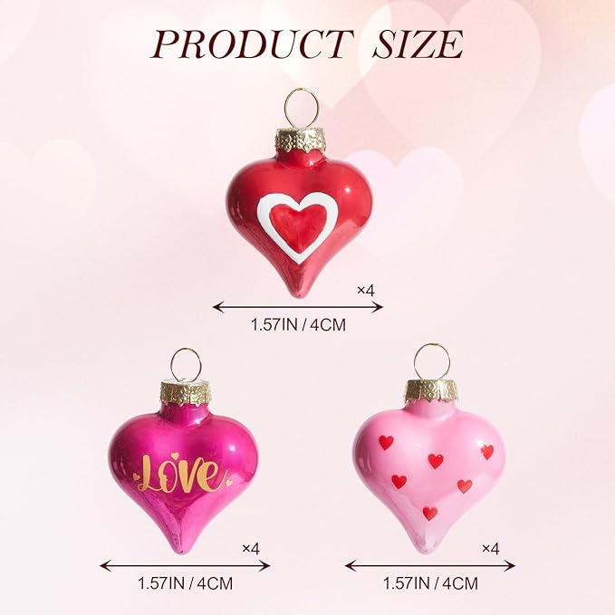 WDS WONDROUS 12Pcs Heart Ornaments Set, 3 Style Pink Red Heart Baubles for Valentine's Day Wedding Party Decorations, Hanging Decor for Christmas Tree Anniversary Celebration