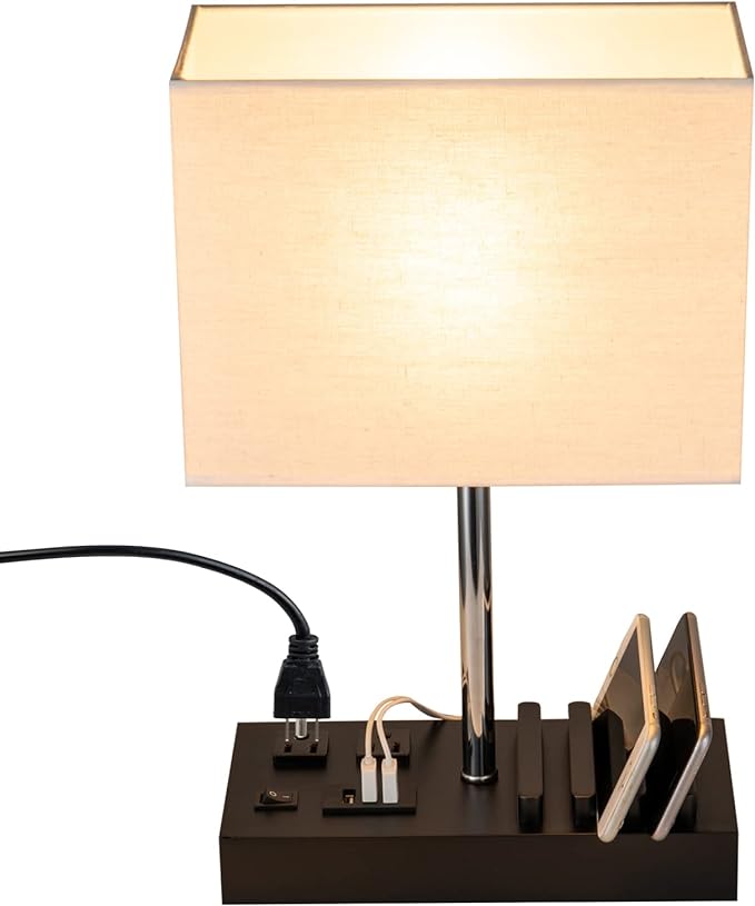 Briever Upgraded 3 USB Table Lamp with 2 USB A & C Charging Ports, Bedside Desk Lamp with 2 AC Outlets and Wooden Phone Stand Organizer, Ideal Nightstand Lamp for Bedroom, Guest Room, Office