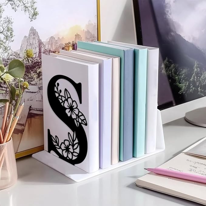 Peacoblue Metal Bookends for Shelves, Modern Decorative Heavy Duty Study Book Ends Stoppers for Office, Desk, Shelf, Room 5.3"x4.3"x7.1" Cast Iron Simple Tall Bookends 1 Pair (Letter S with Flower)