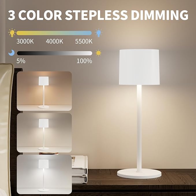 Cordless Table Lamp, Portable LED Desk Lamps, 2 Adjustable Height, 4400mAh Battery Powered Rechargeable Light, 3 Color Stepless Dimming Up,for Restaurant, Bedroom, Outdoor Camping (White)