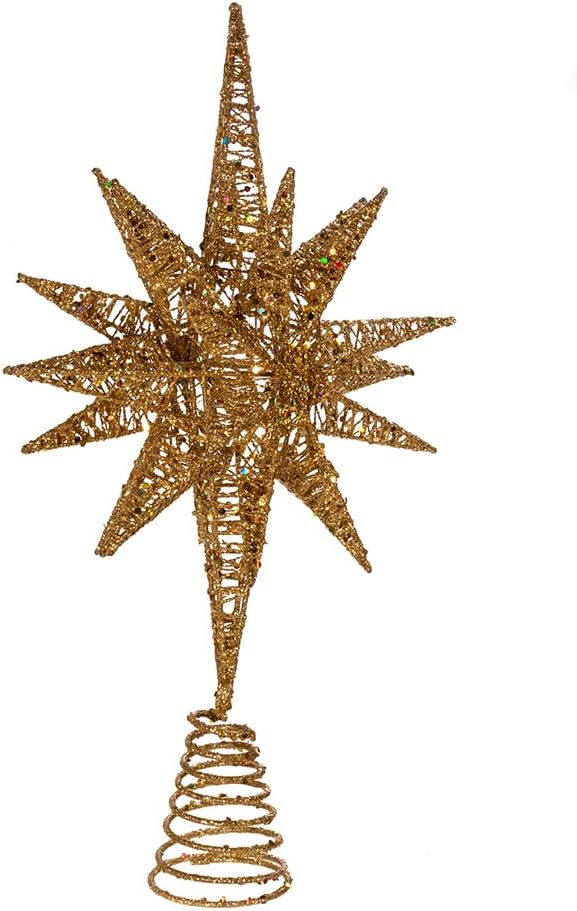 Kurt Adler Un-Lit Gold Glitter Wire 3D Star Treetop, 16.5-inch Length, Gold-Tone, Metal, Holiday Decor