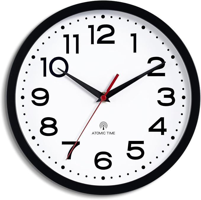 Atomic Wall Clock 12 Inch, Modern Clock Battery Operated Classic Analog Decorative for Kitchen, Living Room, Office, Bedroom, Bathroom (Black)