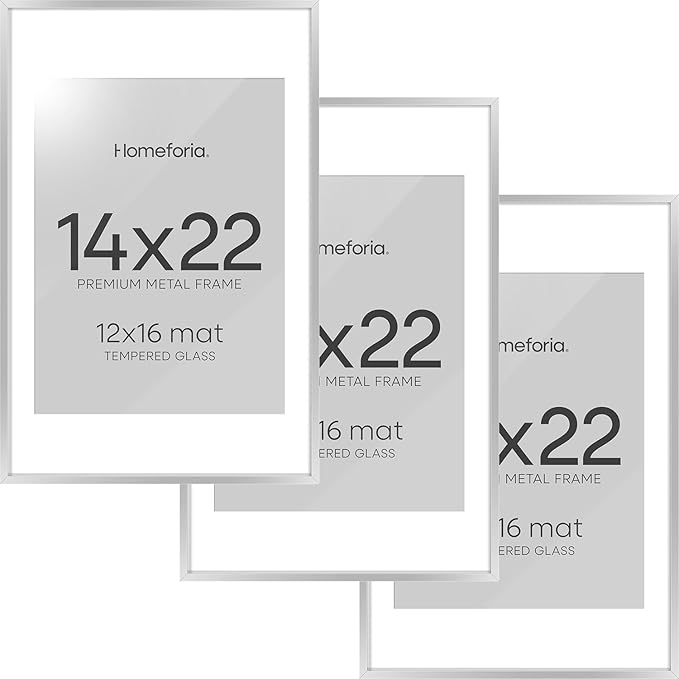 Homeforia 14x22 Picture Frame Silver, High End Metal 14 x 22 Frame with Mat 12 by 16 Photo, 14x22 Silver Poster Frame Matted to 12x16 in Print, 22x14 Hanging Frames, Tempered Glass, Wall Kit, Set of 3