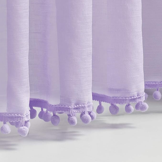 Treatmentex Pompom Sheer Curtain Panels for Living Room Girl's Redroom 52" x 108" Lilac Slub Textured Sheer Window Drapes for Salson Party Ceremony Birthday Décor 2 pcs