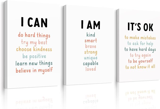 Kids Affirmation Wall Art Positive Canvas Wall Decor Inspirational Quotes Wall Art Motivational Words Pictures Daily Affirmations Poster Nursery Prints for Playroom Children Room 16x24x3 Inch Framed