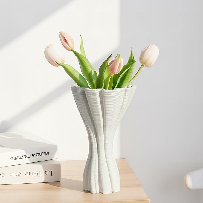 Minimalist White Ceramic Vase, Irregular Organic Shape Decorative Flower Vase for Home Decor, Wabi-Sabi Modern Accent for Living Room Table Shelf