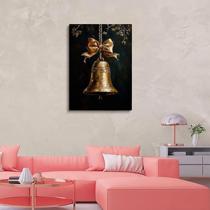 Vintage Christmas Gold Bell Painting, Dark Academia Festive Print, Moody Holiday Wall Art, Cottage Core Xmas Bow Poster, Vertical Print, Unframed 16x24inch