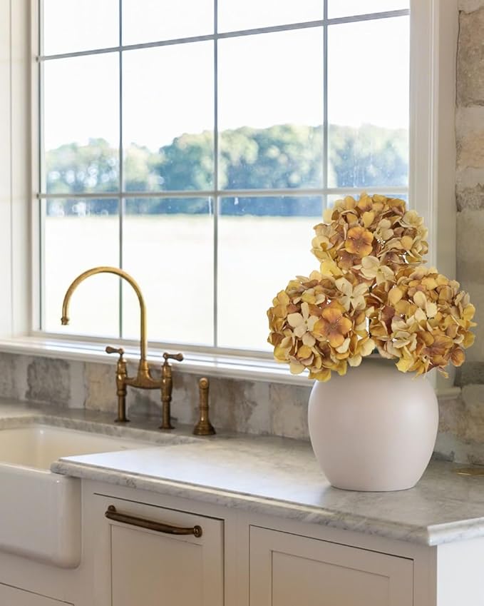 Oairse Fall Brown Hydrangea Artificial Flowers, 19.6in Dried Textured Silk Hydrangea Flowers with Stems 3 Pcs Fake Flower Bouquet Faux Floral Stems Artificial Flower Bulk for Table Wedding Home Decor