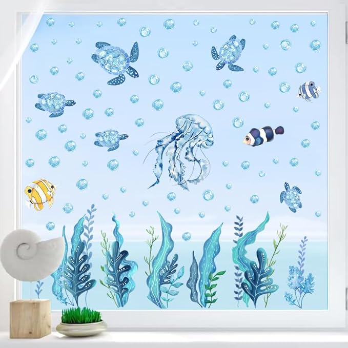 94 PCS of Marine Ecological Wall Decals,Under The Sea Bathroom Decor Wall Decals,Sea Turtles,Jellyfish,Clownfish, and Aquatic Plants Create an Underwater World Atmosphere,for Children's Rooms