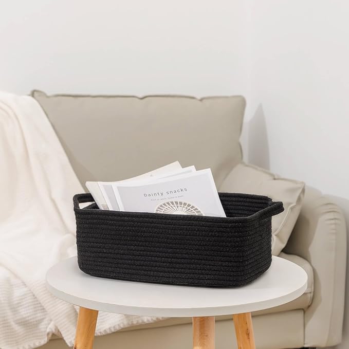 CubesLand Cute and Durable Small Cotton Rope Basket for Organizing, Woven Closet Storage Bin,Shelves Closet Storage Basket, Bathroom Storage Organizer Bin, Nursery Toy Basket Bin, Black Basket