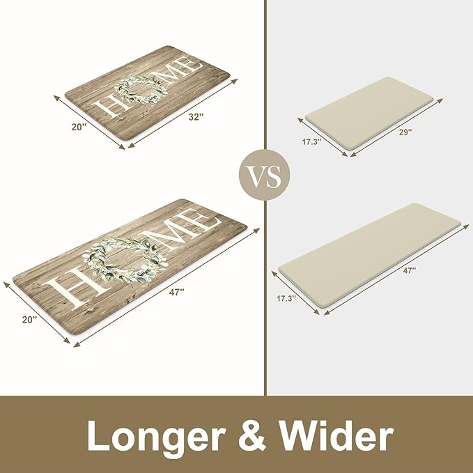 KIMODE Anti Fatigue Mats for Kitchen Floor,Farmhouse Rugs Sets of 2,Cushioned Carpet Non Slip for Laundry,Memory Foam Runner for Sink Office,Khaki 20"x47"+20"x32"