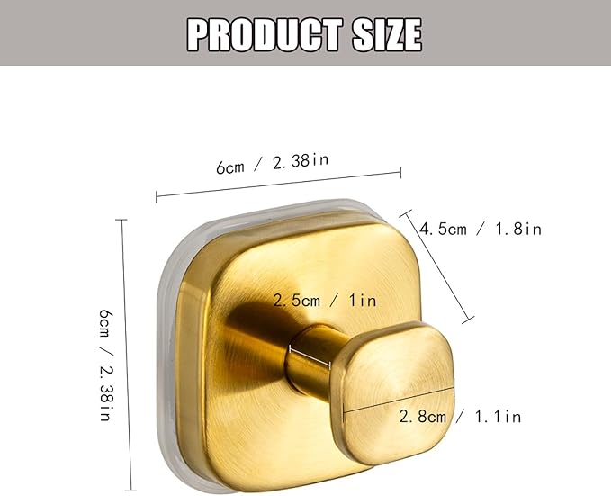 4Pcs Square Suction Cup Hook, 304 Stainless Steel Shower Hook, Removable Suction Cup Knob for Shower, Bathroom, Kitchen, Glass Door, Mirror (Gold)