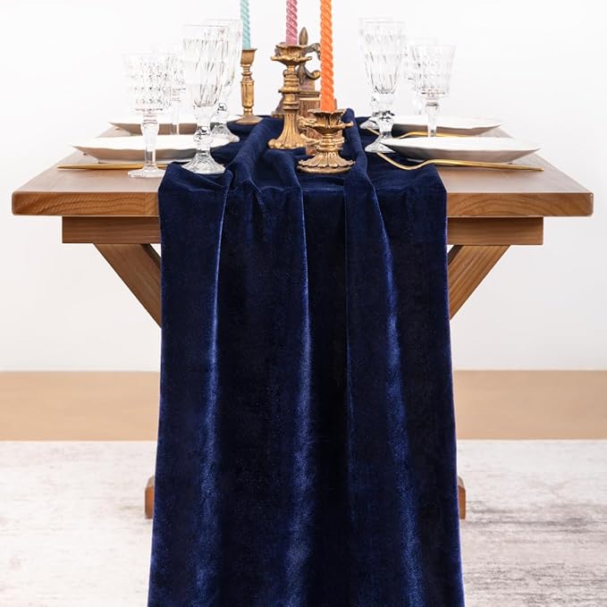 Socomi 2pcs Navy Blue Velvet Valentine's Day Table Runner Cloth Decor 20 x 120 Inches 10ft Fabric Luxurious Thanksgiving Wedding Runner for New Year Bridal Shower