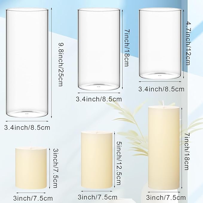 Shihanee Set of 3 Pillar Candles and 3 Glass Cylinder Candle Vases Holders Clear Pillar Jars for Wedding Centerpieces(3'' x 5.9'', 7.9'', 9.8'',Ivory White)