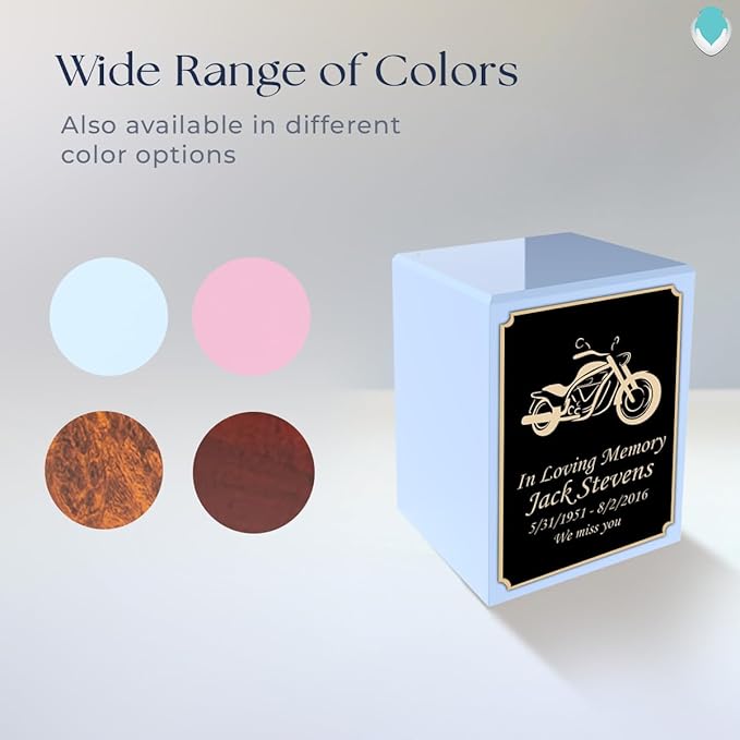 GetUrns Custom Motorcycle Small Urn Box for Human Ashes I Personalized Wooden Keepsake Cremation Urn for Male or Female I Light Blue Memorial Box I 40lbs