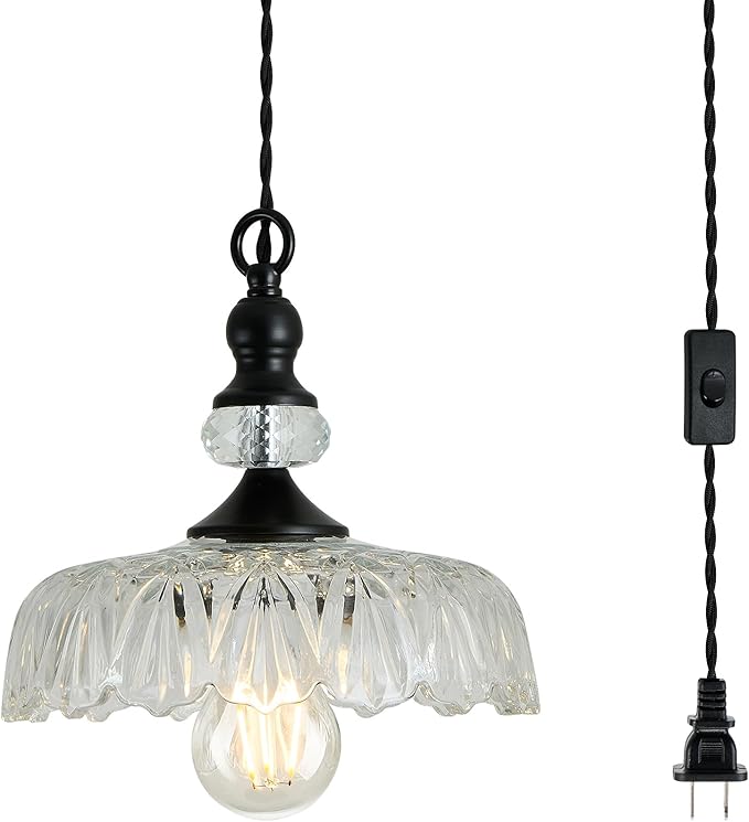 CVKASH Plug in Glass Pendant Light Fixture Black Vintage Adjustable Chandelier Hanging Ceiling Light for Farmhouse Hallway Bedroom Foyer Kitcken Dining Room Island.