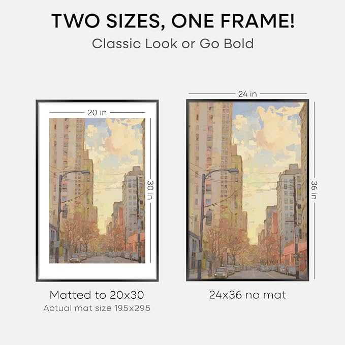 Homeforia 24x36 Picture Frame Black, High End Metal 24 x 36 Large Poster Frames with Mat 20 by 30 inch Photo, 24x36 Thin Frame Matted to 20x30 in Print, 36x24 Frame, Tempered Glass, Wall Kit, Set of 2