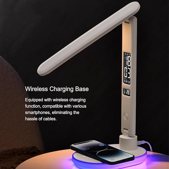 Multi Functional Table Lamp U20 White,Multifunctional Foldable Desk Lamp with Wireless Charging, Perpetual Calendar Display, Adjustable Angle, Night Light, and RGB Lighting.