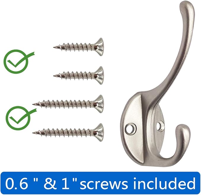 IBosins 10 Pack Dual Coat Hooks Wall Mounted with 40 Screws Retro Double Hooks Utility Silvery Hooks for Coat, Scarf, Bag, Towel, Key, Cap, Cup, Hat (Silvery)