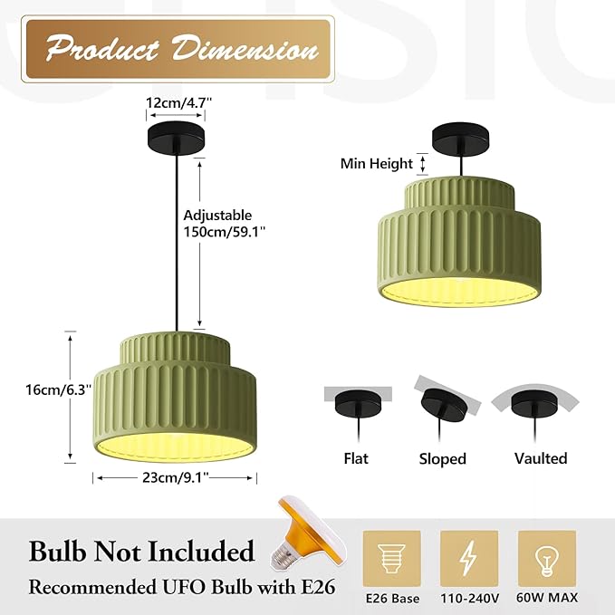 Contemporary Vintage Green Pendant Light Fixture One Light Industrial Kitchen Pendant Lighting Over Island Modern Minimalist Hanging Light with Resin Lampshade for Dining Room Bedroom MPL33-G