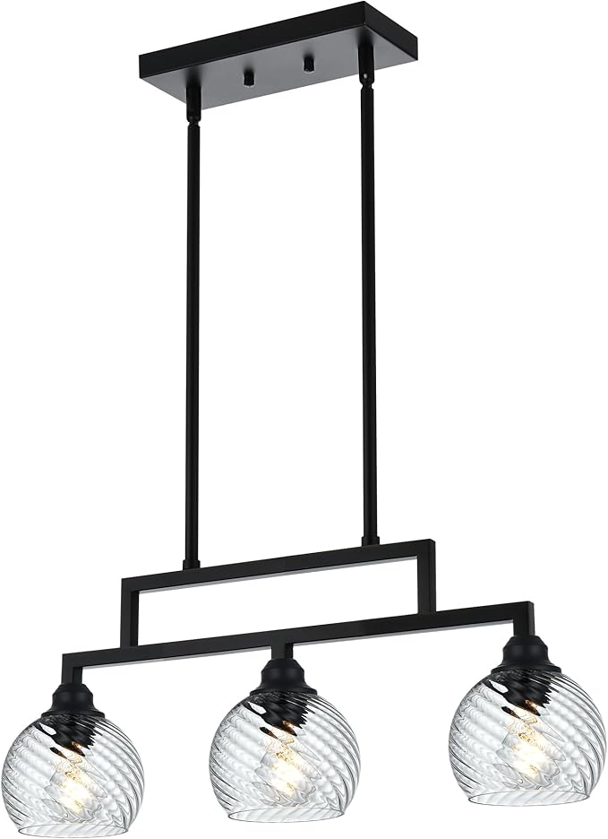 3 Light Contemporary Pendant Lights Kitchen Island with Clear Striped Swirl Globe Glass, Black Hanging Ceiling Light Linear Chandeliers for Dining Room Kitchen Living Room