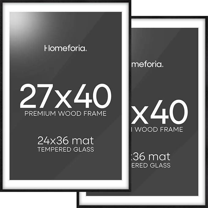 Homeforia 27x40 Poster Frame Black Wood, High End Oak 27x40 Large Picture Frames with Mat 24x36 inch Photo, 27 x 40 Wooden Frame Matted to 24 x 36, 40x27 Thin Frame, Tempered Glass, Wall Kit, Set of 2