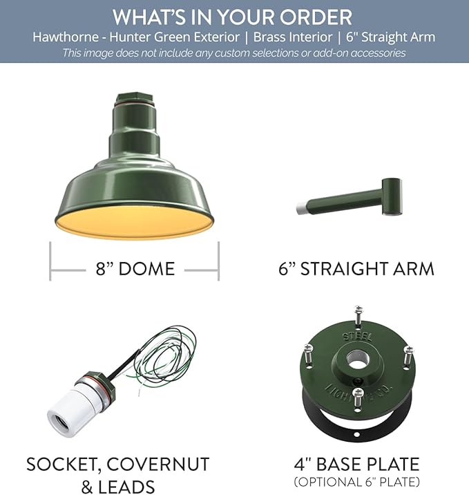 Steel Lighting Co. Hawthorne Barn Light | Outdoor Wall Mounted | 8 inch Dome | 6" Straight Arm | Small Farmhouse Light Made in America | Hunter Green Exterior/Brass Interior