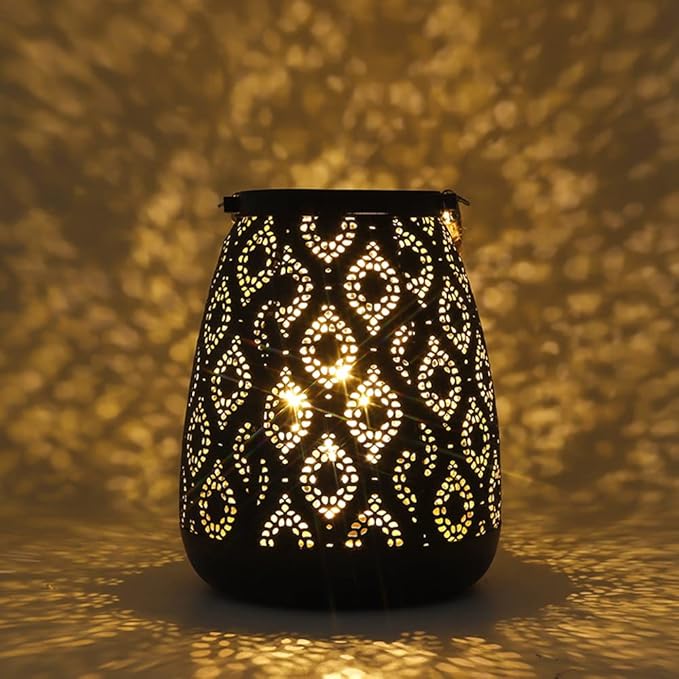 TRIROCKS Set of 12 Moroccan Style Metal Lamp 8''H Battery Operated Cordless Table Lamp Vintage Lantern for Living Room Garden Yard Patio Parties Event Indoors Outdoors (Black with Gold Brush)