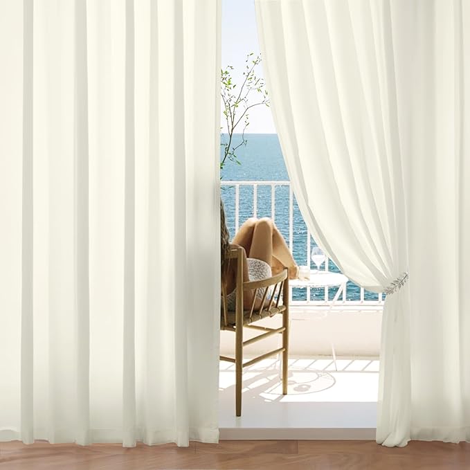 EMEMA Ivory Privacy Sheer Curtains 84 Inches Long 2 Panels Set, Non-See-Through Light Filtering Semi Sheer Curtains for Bedroom Living Room, Window Drapes That Let Light in, 52x84 Inch