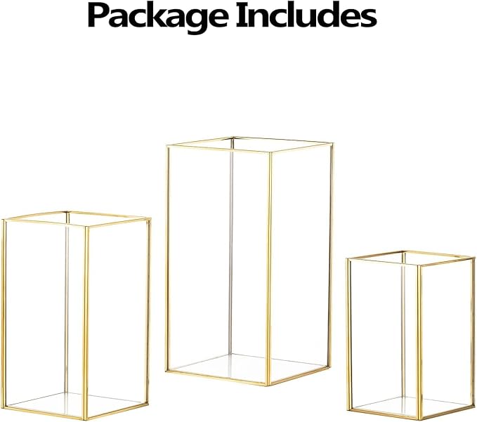 Hewory Glass Hurricane Candle Holder Set of 3, Gold Large Hurricane Centerpiece for Table, Tall Floor Square Pillar Candle Holders Lantern Set for Wedding, Anniversary, Party, Fireplace, Dining Room